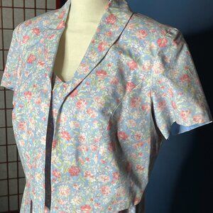 Laura Ashley Light Blue Sleeveless Floral Cotton Tea Dress with Cropped Jacket